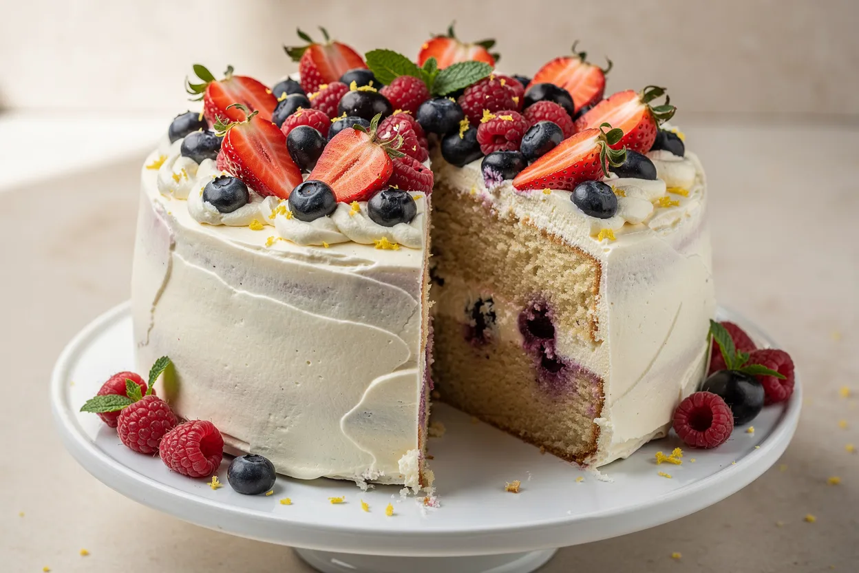 A professional, appetizing food photography shot of Gluten-Free Vanilla Birthday Layer Cake with Berries. Two-layer vanilla cake with pale whipped cream frosting and a generous crown of fresh mixed berries (strawberries, blueberries, raspberries) with visible sliced layers showing cream and berries between them. Main visible ingredients: whipped cream frosting, fresh berries, lemon zest and mint garnish. Style: American birthday dessert, bright and joyful presentation on a simple white cake stand, clean natural lighting, shallow depth of field, restaurant-quality styling. IMPORTANT: No text, no labels, no captions, no words on the image. Pure food photography only.
