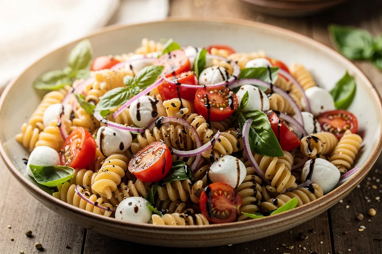 A professional, appetizing food photography shot of Quick Caprese Pasta Salad with Basil and Balsamic Drizzle. Visible ingredients: rotini pasta, halved cherry tomatoes, fresh mozzarella bocconcini, bright basil leaves, thin red onion slices, and a glossy balsamic vinaigrette. Cuisine style: Italian-inspired summer salad. Presentation: rustic ceramic bowl, tossed and drizzled with balsamic, scattered basil leaves and a few cracked black pepper flakes, bright natural lighting, shallow depth of field, restaurant-quality styling. IMPORTANT: No text, no labels, no captions, no words on the image. Pure food photography only.