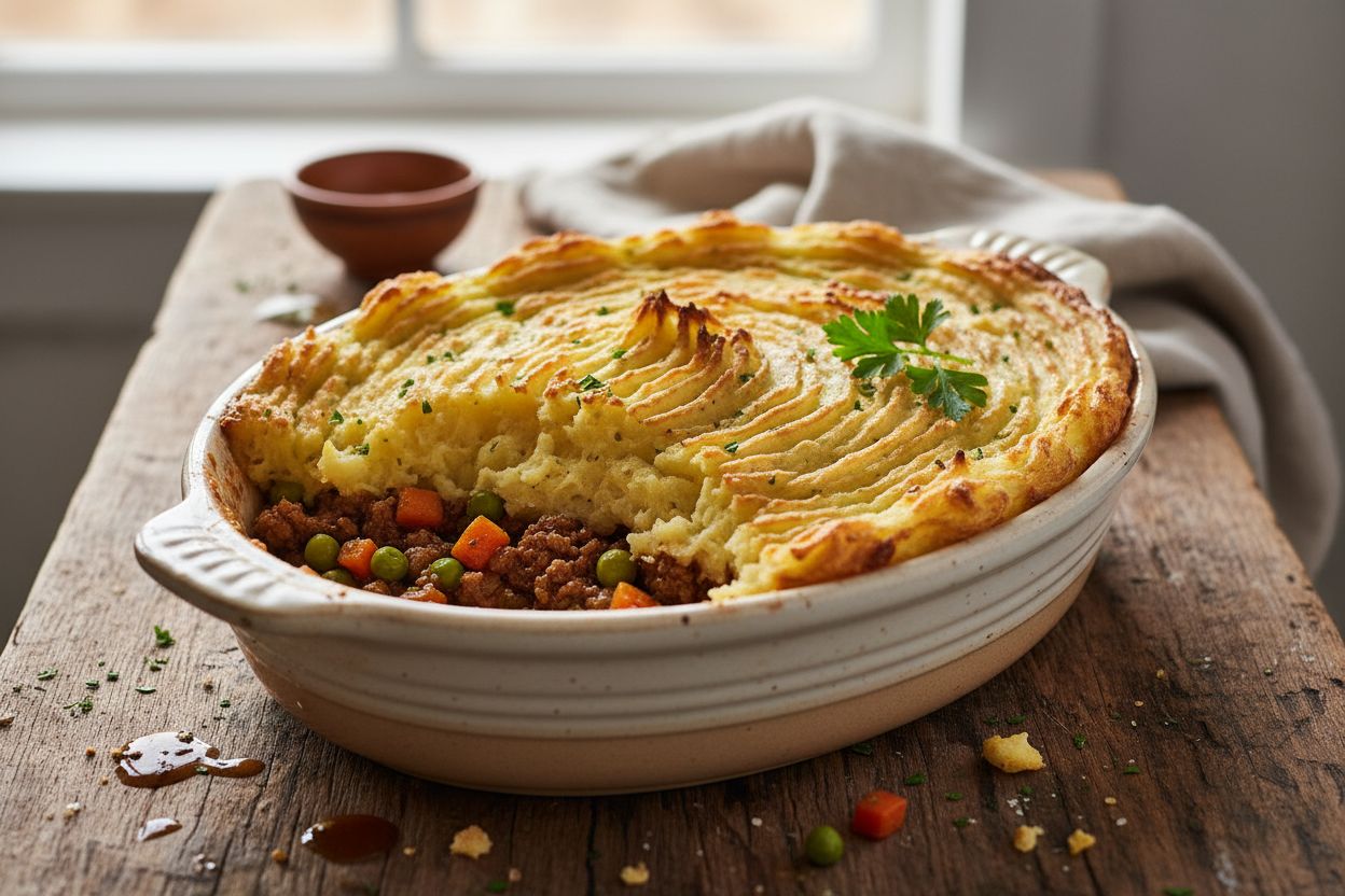 A rustic, appetizing food photography shot of Classic Irish Shepherd's Pie with Guinness Mashed Potatoes. Visible: a golden, piped mashed potato topping with browned peaks, rich minced lamb filling showing peas and diced carrots, a sprig of parsley garnish, and a ceramic baking dish on a wooden table. Style: Irish comfort food, warm and homey presentation, restaurant-quality food magazine image, soft natural lighting, shallow depth of field. IMPORTANT: No text, no labels, no captions, no words on the image. Pure food photography only.