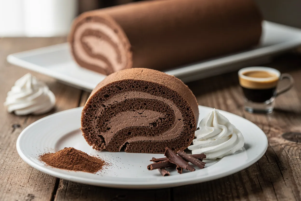 A professional food photography shot of a Light Mocha Roll Cake (coffee-chocolate Swiss roll) sliced to show the airy chocolate sponge and creamy mocha whipped filling, main visible ingredients: espresso, cocoa powder, whipped cream, and chocolate shavings. European dessert styling on a simple white plate, rustic wooden tabletop, soft natural lighting, shallow depth of field, elegant plated slice with whole roll in background. IMPORTANT: No text, no labels, no captions, no words on the image. Pure food photography only.