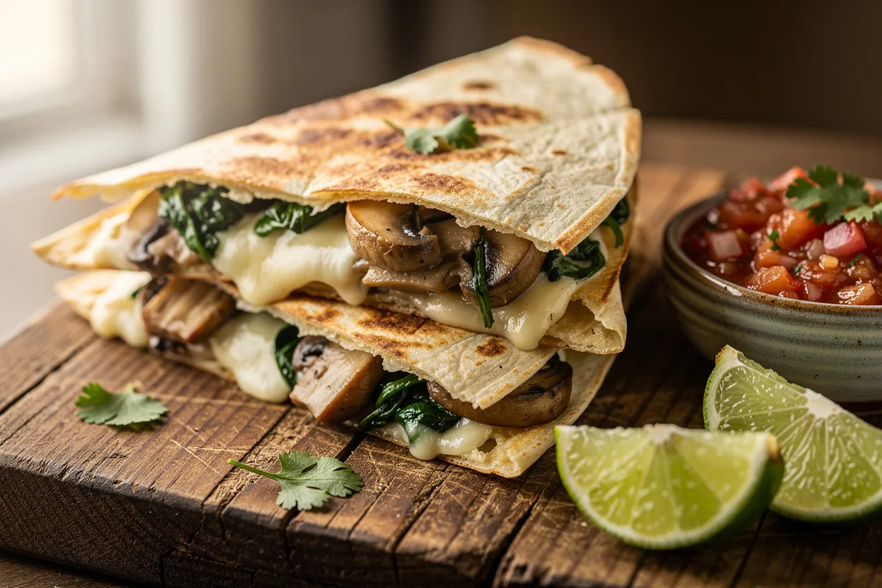 A professional food photography shot of Creamy Mushroom & Spinach Quesadillas with melted Monterey Jack cheese, sautéed mushrooms, wilted spinach, and fresh cilantro visible. Golden, crisp flour tortillas folded and sliced on a rustic wooden board with lime wedges and a small bowl of salsa at the side. Cuisine style: Mexican/Tex-Mex, casual comfort food. Presentation: warm, inviting, restaurant-quality styling with shallow depth of field and soft natural light. IMPORTANT: No text, no labels, no captions, no words on the image. Pure food photography only.