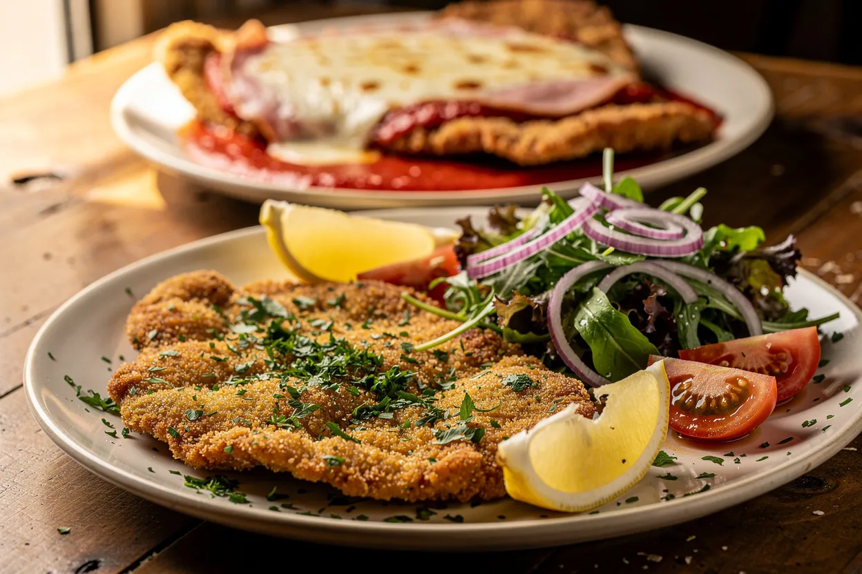 A plated Argentine Milanesa (breaded cutlet) with a golden, crispy garlic-parsley breadcrumb crust; visible fresh parsley, lemon wedge, and a side salad. Include a close-up of the crunchy texture and a second plate showing an optional Milanesa a la Napolitana topped with tomato sauce, ham, and melted mozzarella. Rustic, restaurant-quality presentation on a simple ceramic plate, warm natural light, shallow depth of field. Cuisine: Argentine comfort food. IMPORTANT: No text, no labels, no captions, no words on the image. Pure food photography only.