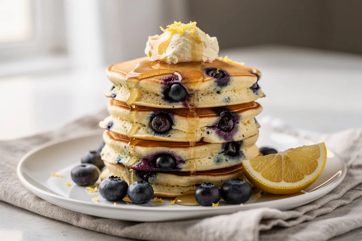 A bright, mouthwatering food photography shot of Lemon Blueberry Ricotta Pancakes: a stack of fluffy pancakes with visible lemon zest and plump blueberries, a dollop of creamy honey butter melting on top, extra berries and a lemon wedge on the side. American brunch style, airy and fresh presentation on a white plate with a linen napkin and soft natural light, shallow depth of field, inviting and homey but polished. IMPORTANT: No text, no labels, no captions, no words on the image. Pure food photography only.