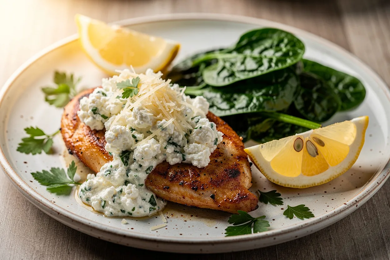 Pan-seared chicken breasts topped with a creamy cottage cheese herb sauce, visible spoonfuls of cottage cheese and grated Parmesan, wilted spinach on the side, lemon wedge and fresh parsley garnish. Style: modern American home-cooked dinner, rustic white plate, warm natural lighting, shallow depth of field, restaurant-quality food photography with a cozy, inviting mood. IMPORTANT: No text, no labels, no captions, no words on the image. Pure food photography only.