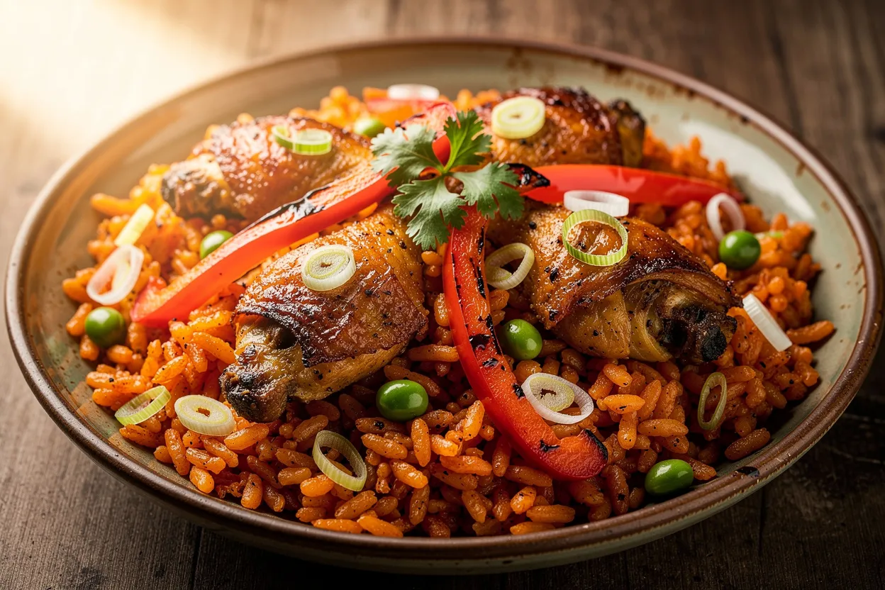 A vibrant plate of Smoky West African Jollof Rice with Chicken and Peppers. Visible: orange-red seasoned rice, browned chicken pieces, roasted red bell pepper strips, scallions and a few green peas, garnished with a sprig of cilantro. Styled as West African comfort food, served in a rustic bowl on a wooden table with warm natural light, shallow depth of field, restaurant-quality food photography. IMPORTANT: No text, no labels, no captions, no words on the image. Pure food photography only.