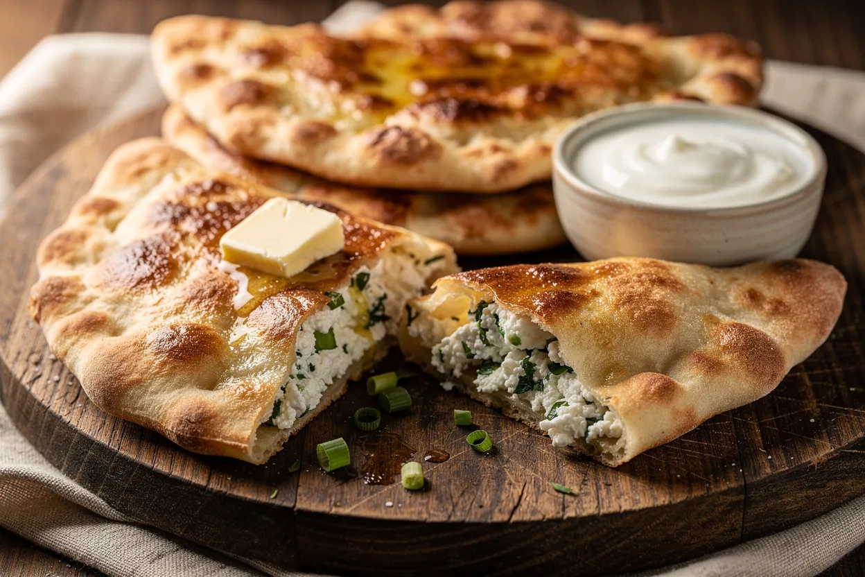 A professional, appetizing food photography shot of Cottage Cheese Chudu (savory cottage cheese-stuffed chudu flatbreads). Main visible ingredients: golden, pan-fried flatbreads folded to show creamy cottage cheese filling speckled with fresh herbs and green onions, a pat of melting butter, and a small bowl of plain yogurt for dipping. Cuisine style: Caucasian/Russian-style rustic flatbread. Presentation: rustic wooden board, linen napkin, warm natural light, shallow depth of field, restaurant-quality styling. IMPORTANT: No text, no labels, no captions, no words on the image. Pure food photography only.