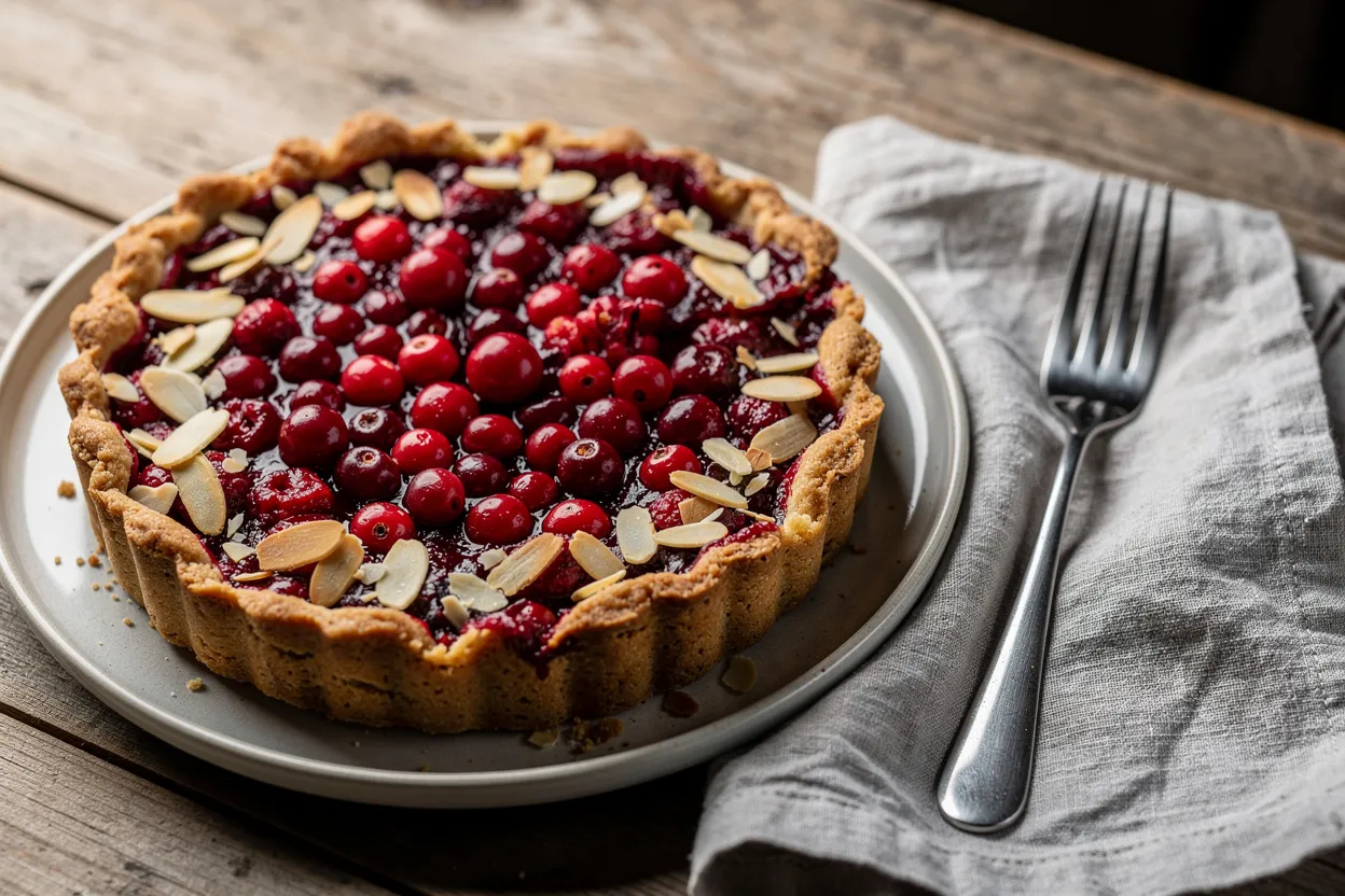 A professional, appetizing food photography shot of a Gluten-Free Cowberry Almond Tart with Crisp Crust Delight. Visible main ingredients: bright red cowberries (lingonberries), almond crust, slivered almonds, and a glossy berry filling. Style: Nordic-inspired dessert, rustic yet elegant presentation on a ceramic tart plate with a linen napkin and a fork. Clean, well-lit, restaurant-quality presentation with shallow depth of field, natural lighting, and a close-up that shows the tart's flaky almond crust and jewel-like berries. IMPORTANT: No text, no labels, no captions, no words on the image. Pure food photography only.